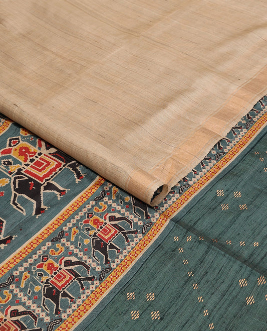 Sandal plain design tussar saree, zari border & contrast pallu of patola-style elephant motifs print