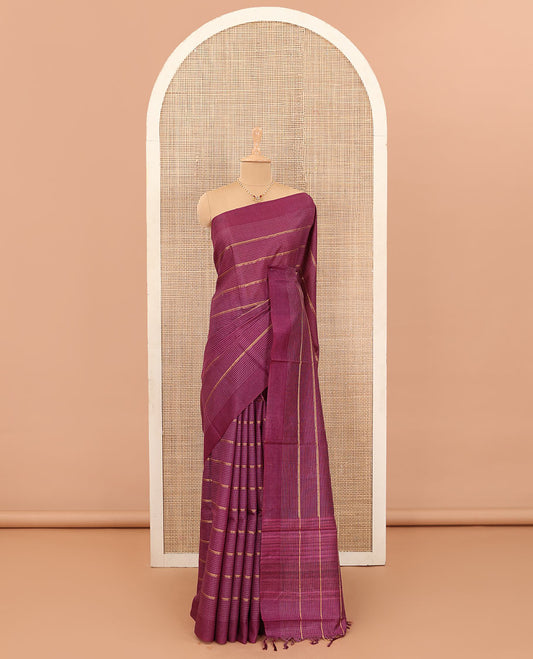 Red micro-checked with zari design tussar silk saree, self-border, and striped pallu