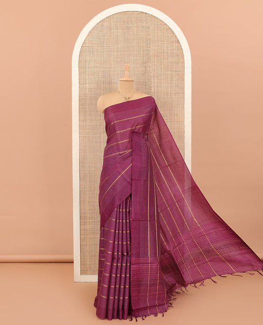 Red micro-checked with zari design tussar silk saree, self-border, and striped pallu