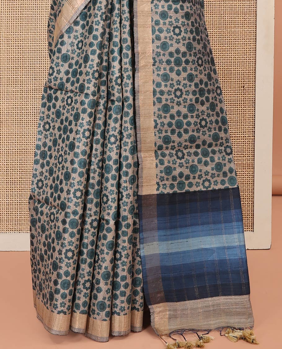 Blue Tussar Silk Saree, Adorned with Floral-Geometric Motifs Printed All Over Its Body, Featuring a Self-Border, Ombre-Style Blue-Shaded Pallu, and Paired with a Contrast Blouse