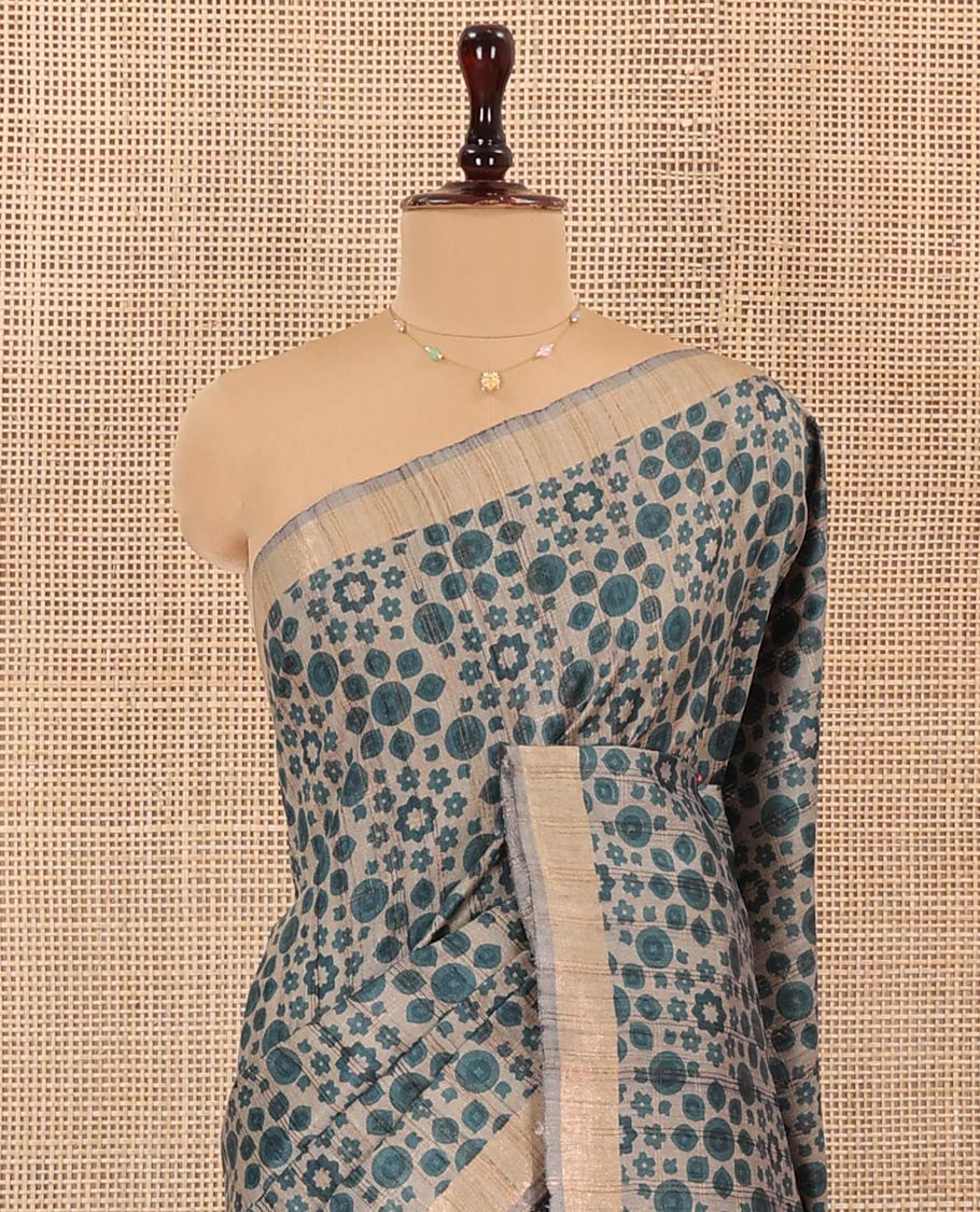 Blue Tussar Silk Saree, Adorned with Floral-Geometric Motifs Printed All Over Its Body, Featuring a Self-Border, Ombre-Style Blue-Shaded Pallu, and Paired with a Contrast Blouse
