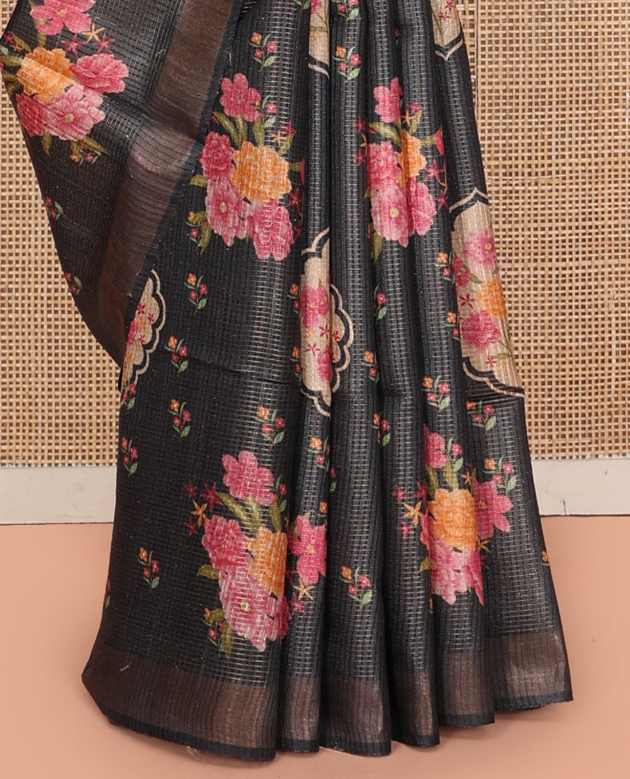 Black Tussar Silk Saree, Colorfully Printed with Floral Motifs, and Sparsely Woven Checks On Its Body, a Subtle Border, Striped Pallu, and Paired with Matching Blouse