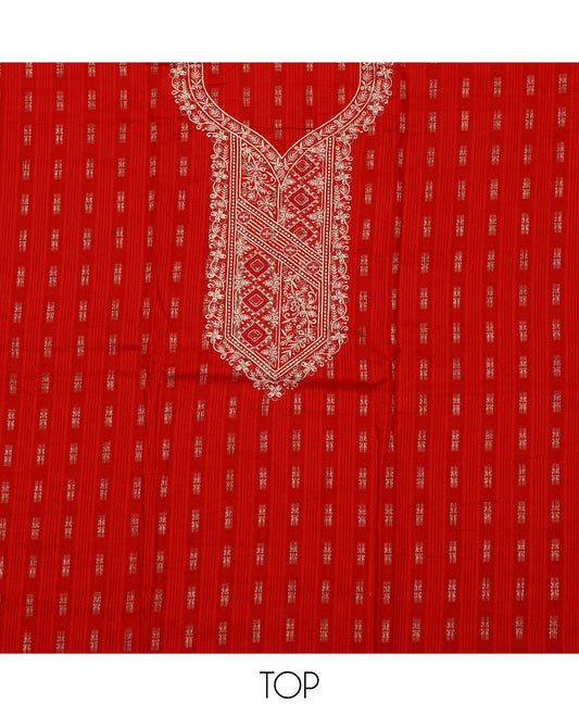 Red material chudidar set, buttas with neck embroidered top, contrast plain bottom, and thread and sequins embroidered dupatta