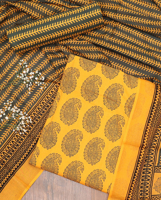 Yellow chudidhar material set paisley motifs top with leaf vine bottom & leaf vine , floral design pallu