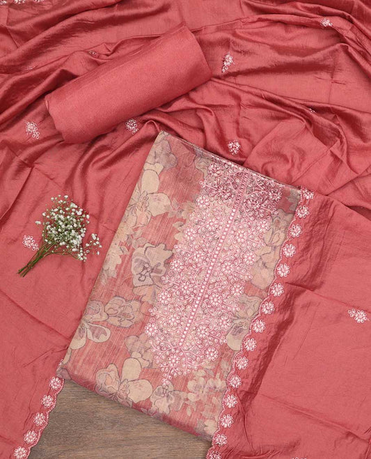 Red chudidhar material set floral printed with thread embroidery top, plain bottom & floral motif embroidery scallop border dupatta