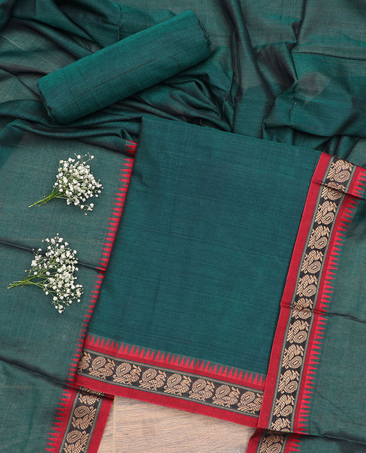 Dark green peacock, temple design chudidhar material top with plain bottom & plain, zari design border dupatta