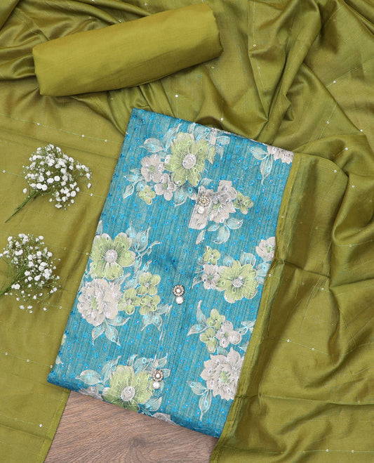 Blue material chudidar set, floral printed with thread embroidered top, contrast plain bottom and sequins striped olive green dupatta