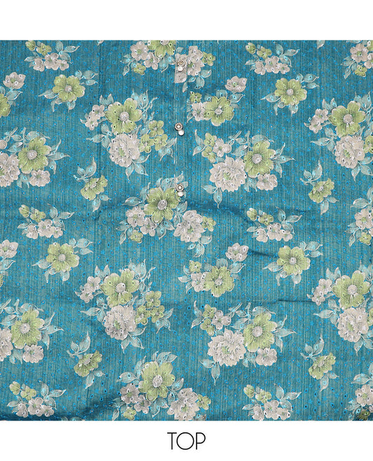 Blue material chudidar set, floral printed with thread embroidered top, contrast plain bottom and sequins striped olive green dupatta