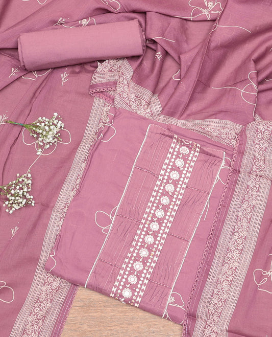 Pink Cotton Material Churidar Set, Highlighted by Floral Motif Print and Neckwork Top, Matching Bottom, and Floral Dupatta
