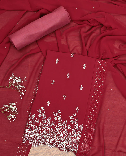 Maroon Material Churidar Set, Beautified with Intricately Printed on Its Chanderi Silk Top, a Plain Bottom, and Printed Dupatta