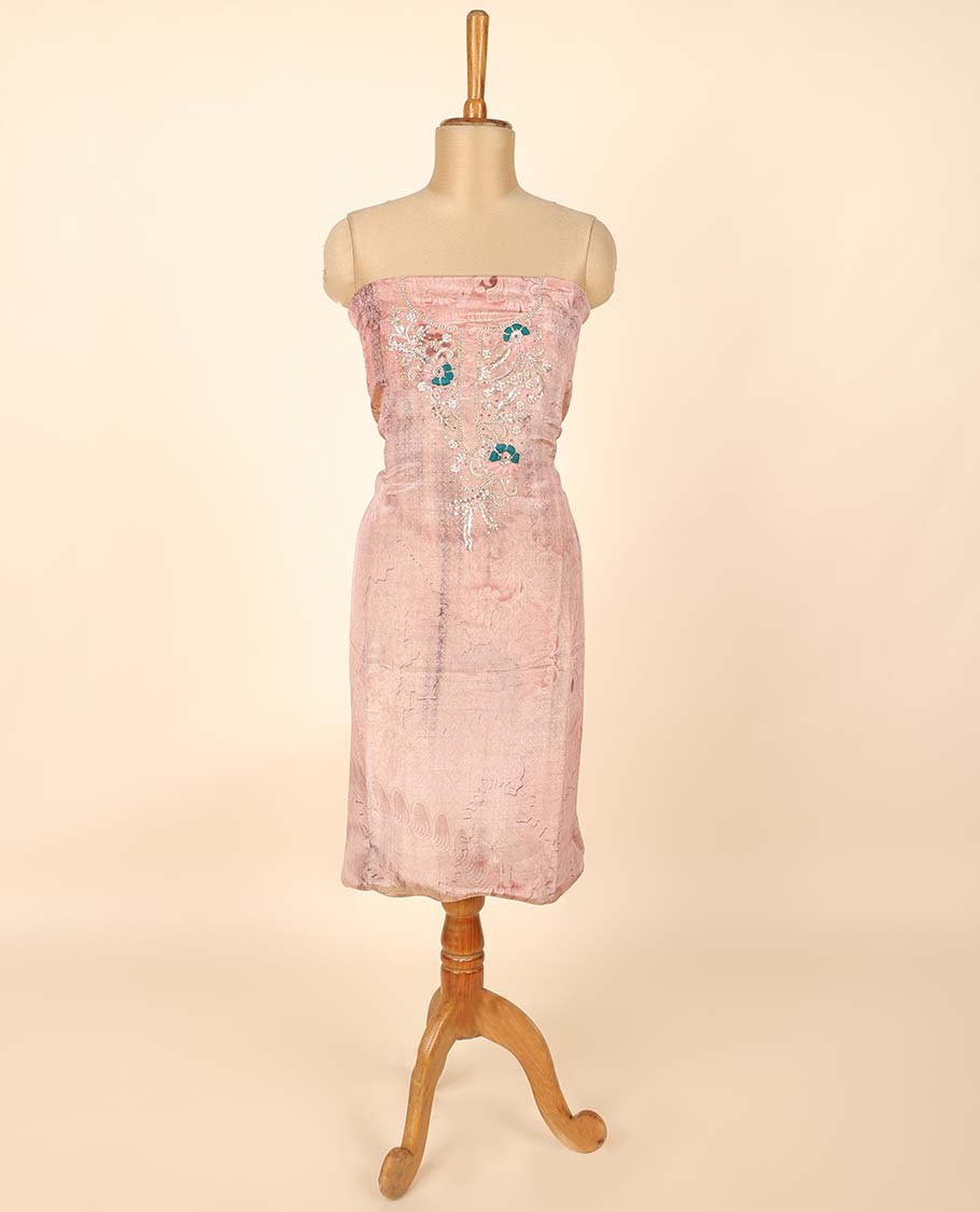 Peach material chudidhar set, floral print & embroidered top, plain bottom & floral printed dupatta