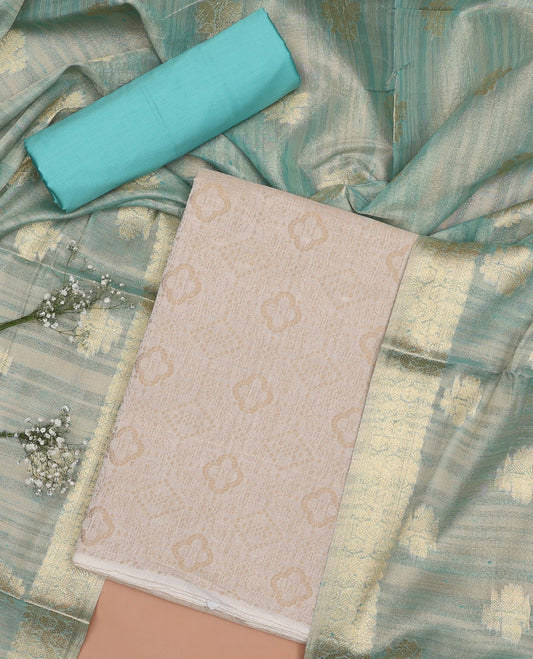 Cream chudidhar material set, geometric design top, blue plain bottom & floral zari design dupatta