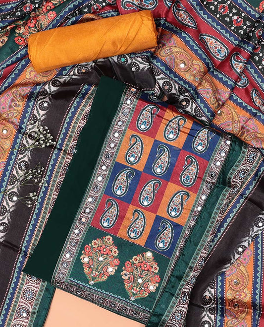 Dark green chudidhar material set floral thread embroidered with mirror work top, plain bottom & floral design, mirror work dupatta