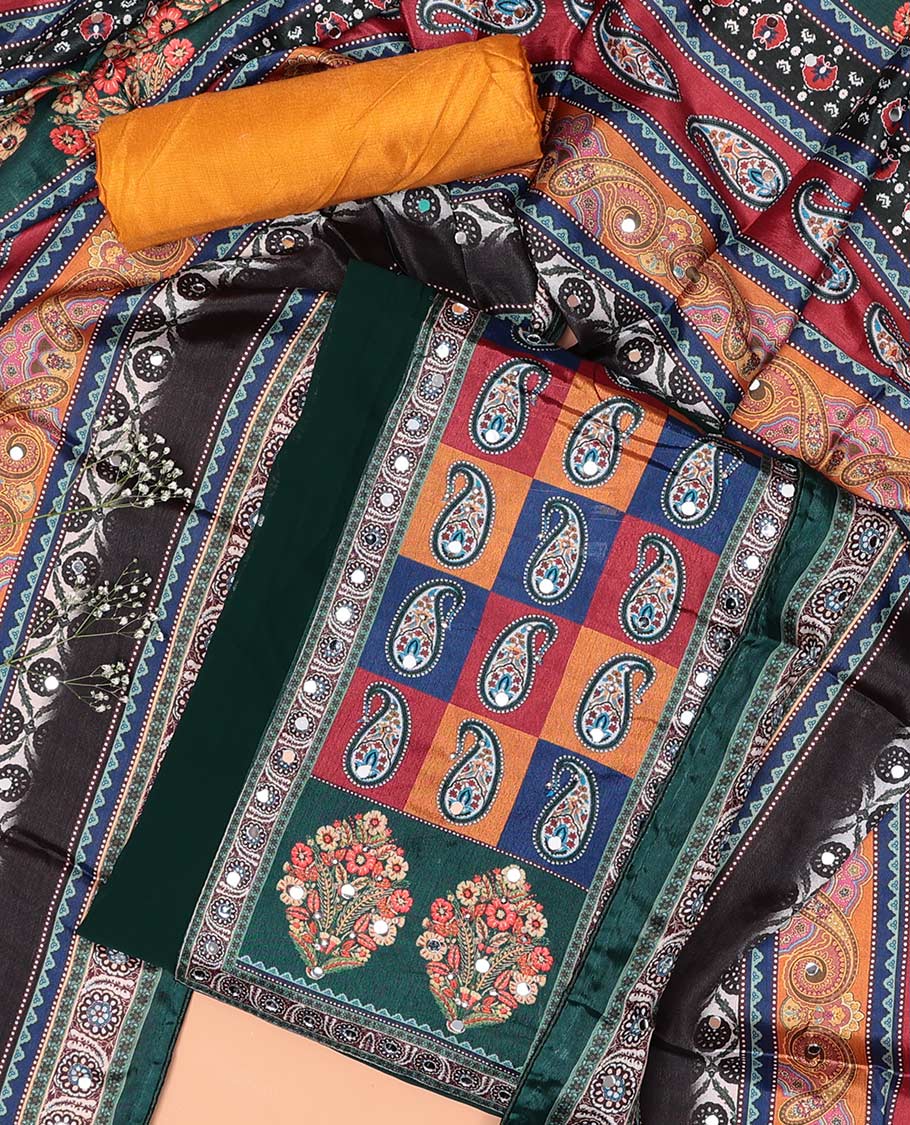 Dark green chudidhar material set floral thread embroidered with mirror work top, plain bottom & floral design, mirror work dupatta