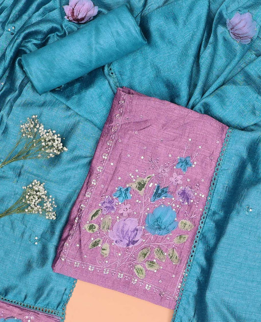 Purple chudidhar material set floral embroidered top, with plain bottom & floral motifs dupatta