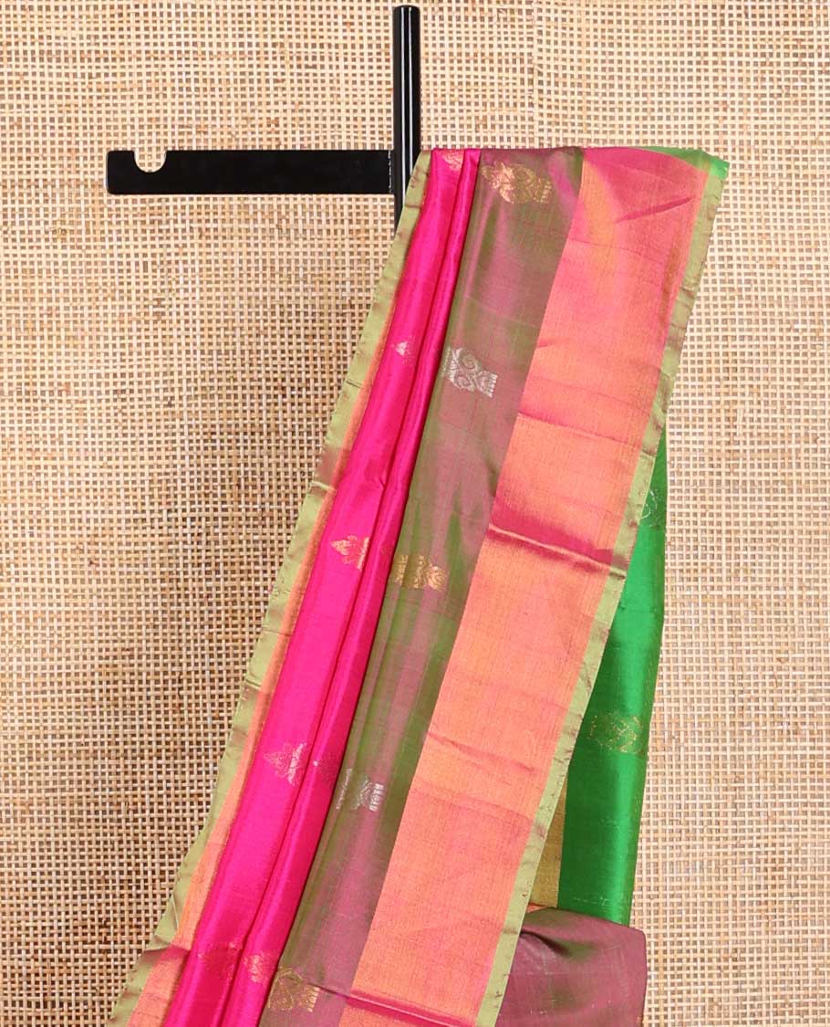 Pink floral design uppada saree with contrast zari design border & floral design pallu