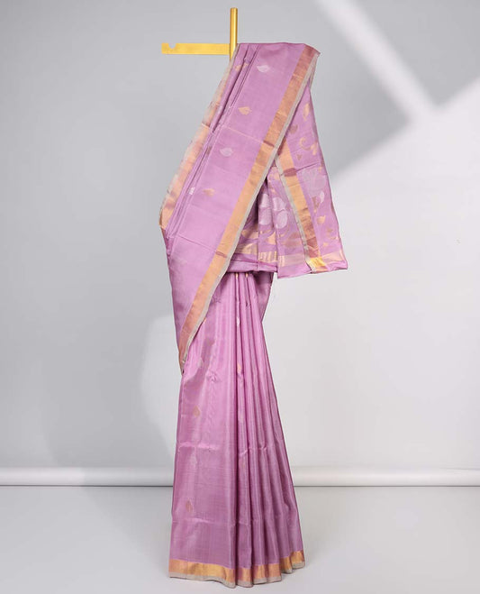 Purple leaf motifs upadda silk saree with self zari border & floral vine design pallu