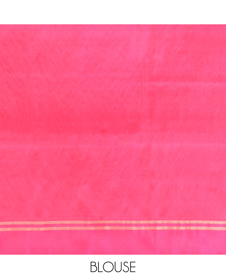 Grey Semi Uppada Saree Embellished with Zari Buttas, Complemented by a Contrast Bavanji Border, Pallu Elevated with Intricate Zari Designs, and Paired with a Contrast Blouse