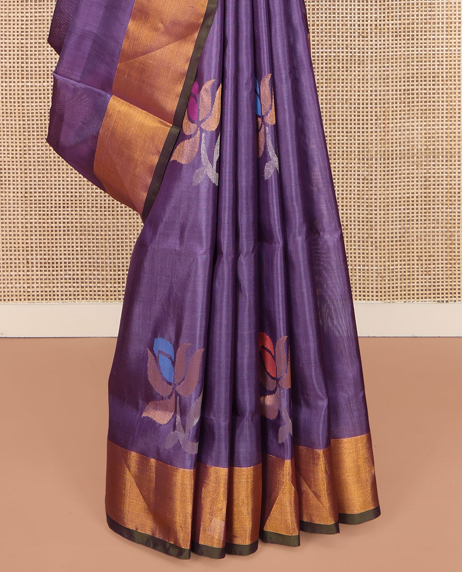 Purple Uppada Silk Saree, Richly Detailed with Floral Meena Buttas All Over Its Body, Subtle Bavanji Border, Complemented by Contrast Pallu of Floral Meena Buttas, and Paired with a Contrast Blouse