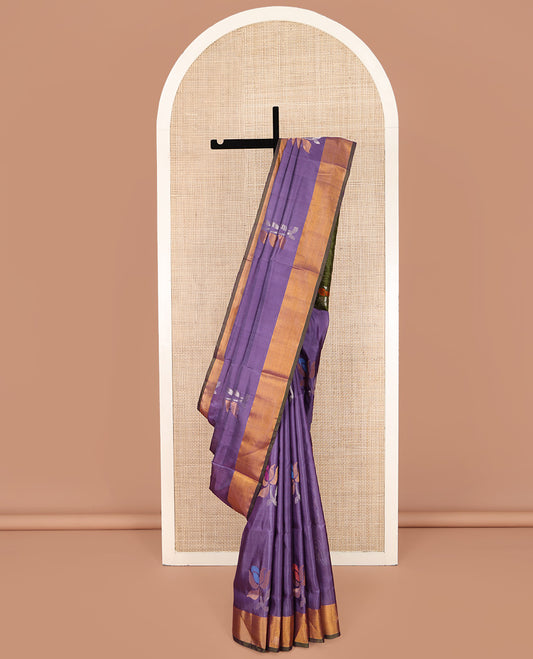 Purple Uppada Silk Saree, Richly Detailed with Floral Meena Buttas All Over Its Body, Subtle Bavanji Border, Complemented by Contrast Pallu of Floral Meena Buttas, and Paired with a Contrast Blouse