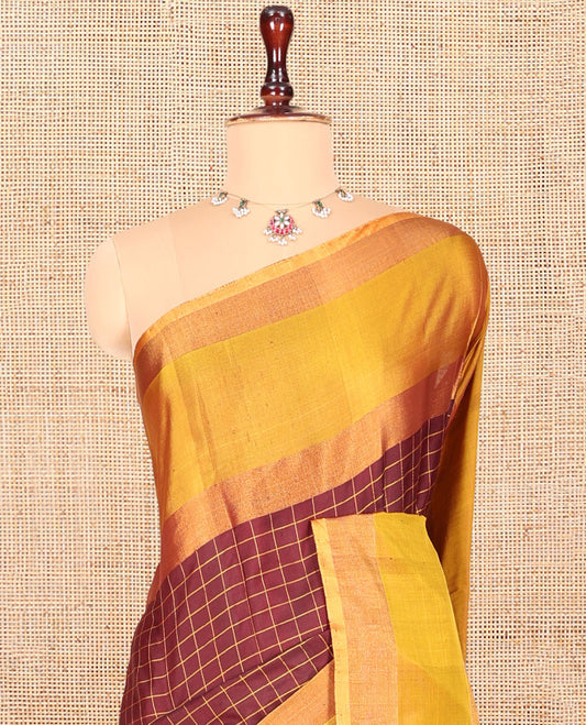 Maroon Checked Uppada Silk Saree, Complemented by a Contrast Zari Border, Zari Woven Pallu, and a Contrast Blouse