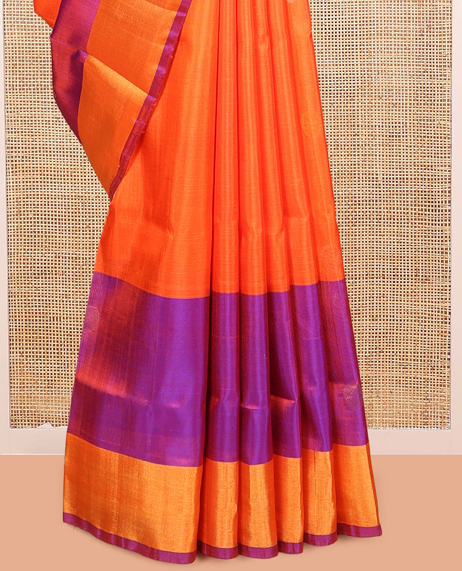 Orange Uppada Silk Saree, Accentuated with Polka Dot Buttas, Complemented by Contrast Bavanji Border, Pallu of Polka Dot Buttas and a Contrast Blouse