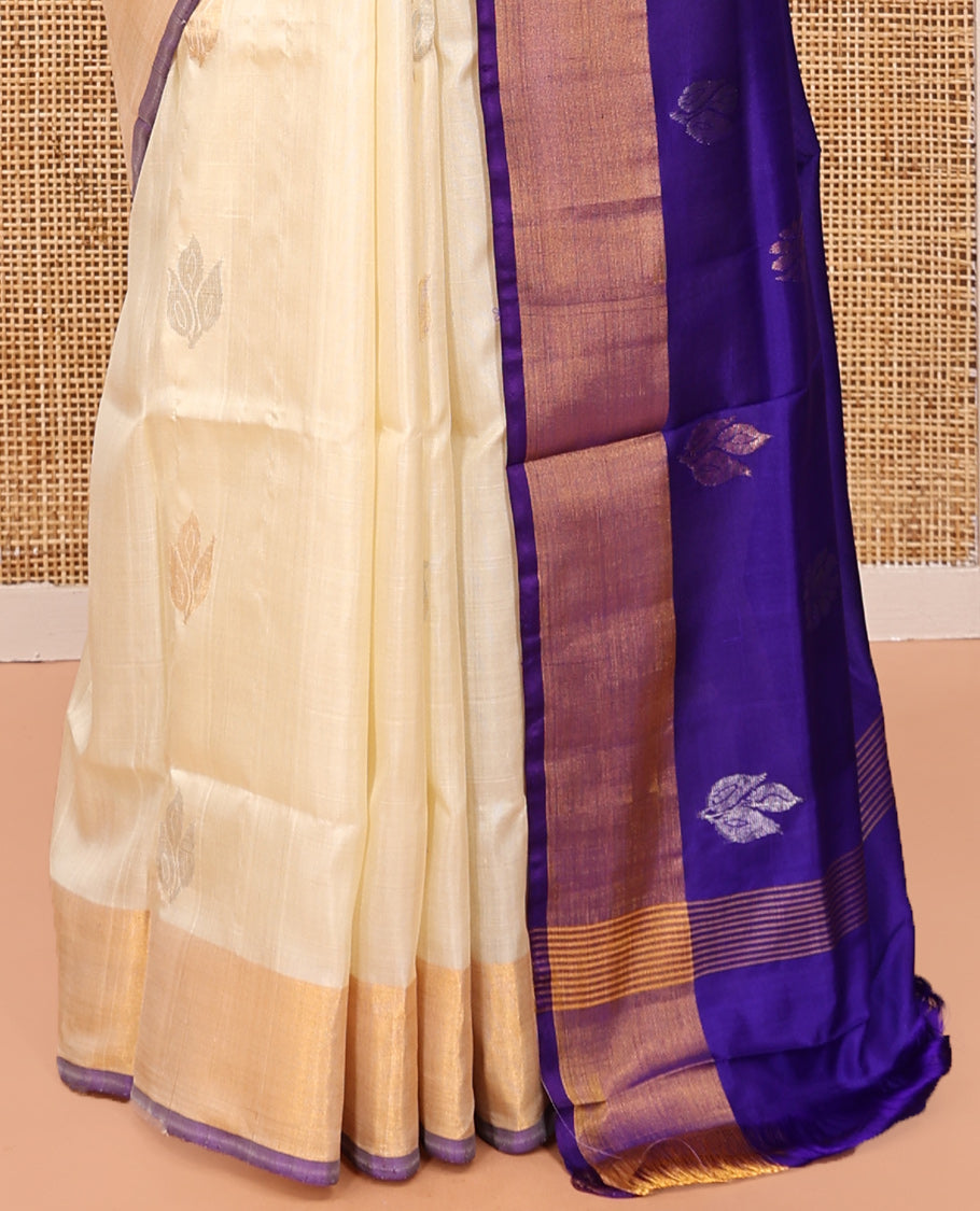Sandal Uppada Silk Saree, Subtly Sparkled with Zari Buttas, Complemented by a Plain Border, Zari Buttas Woven Pallu, and a Contrast Blouse
