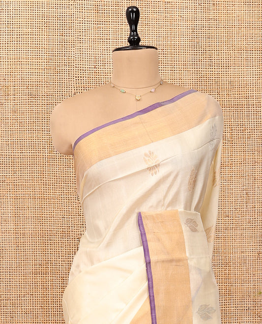 Sandal Uppada Silk Saree, Subtly Sparkled with Zari Buttas, Complemented by a Plain Border, Zari Buttas Woven Pallu, and a Contrast Blouse