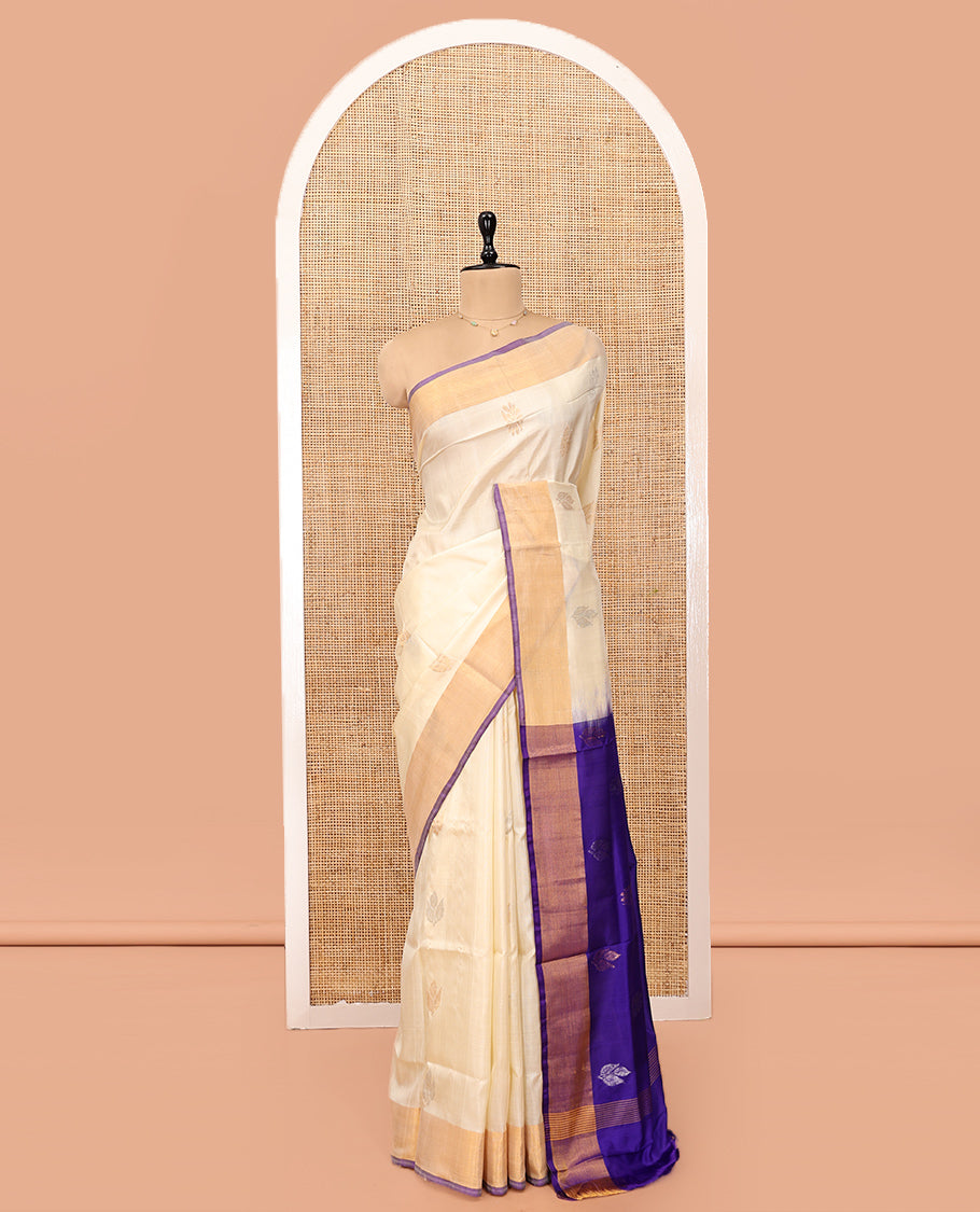 Sandal Uppada Silk Saree, Subtly Sparkled with Zari Buttas, Complemented by a Plain Border, Zari Buttas Woven Pallu, and a Contrast Blouse