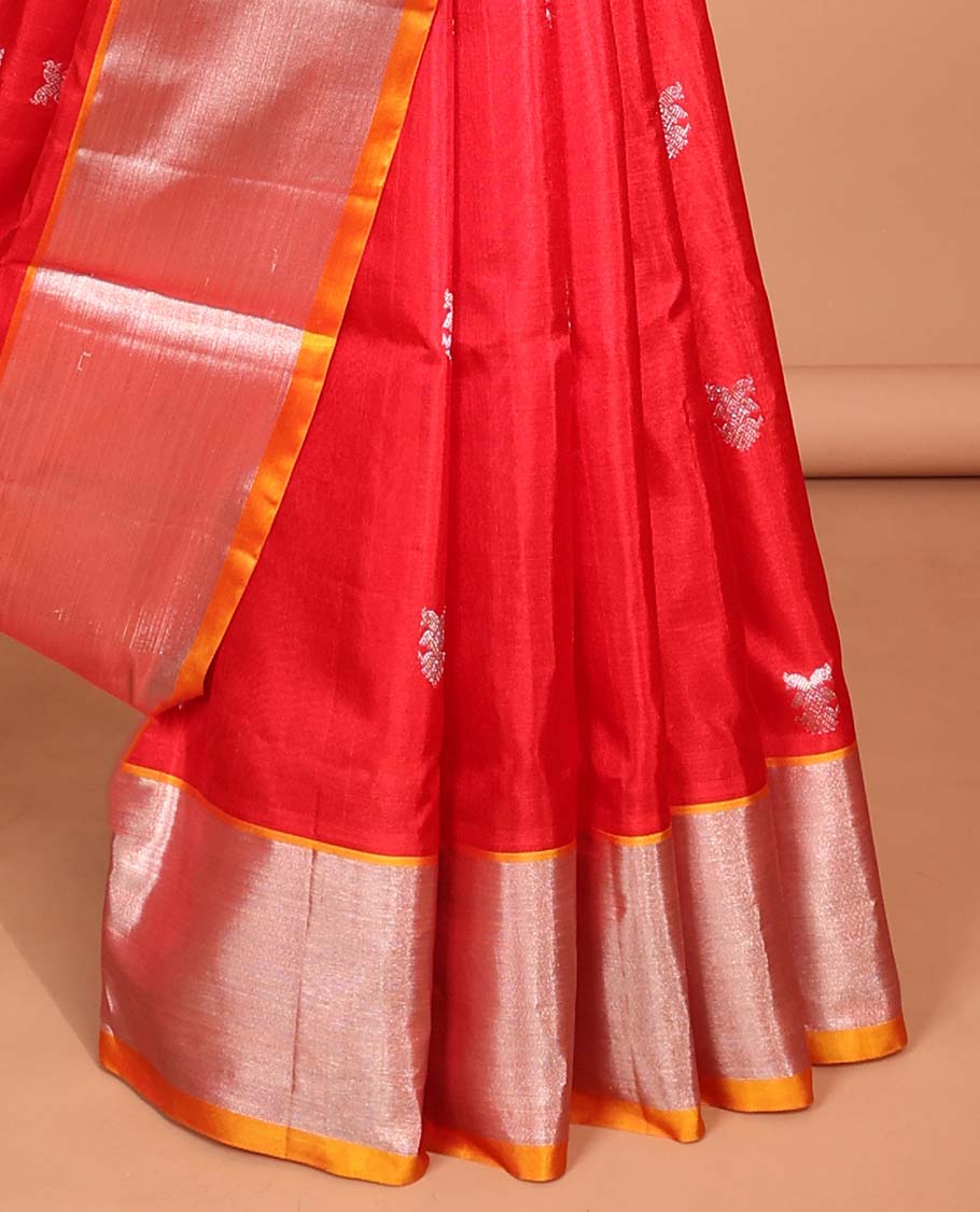 Red floral motifs Vengatagiri silk saree, contrast bavanji border & scintillating pallu of argyle pattern