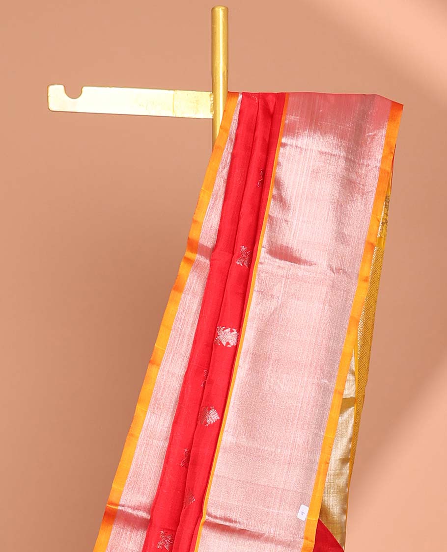 Red floral motifs Vengatagiri silk saree, contrast bavanji border & scintillating pallu of argyle pattern