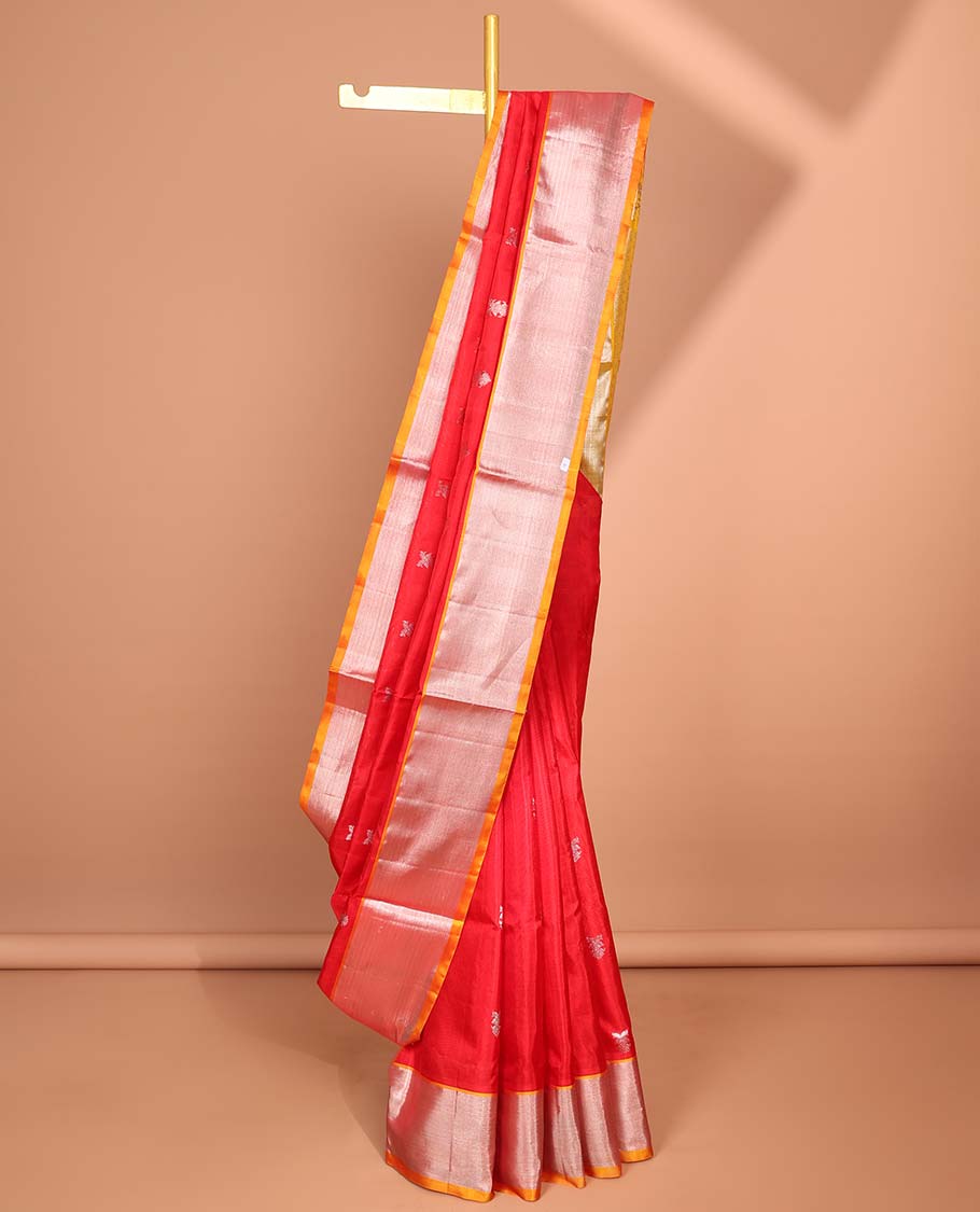 Red floral motifs Vengatagiri silk saree, contrast bavanji border & scintillating pallu of argyle pattern