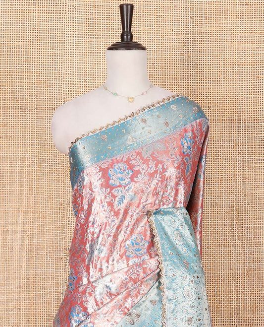 Pink Vastrakala Silk Saree, Bedecked with Floral Jaal and Stone Work, Complemented by Contrast Traditional Zari and Stone Embroidered Scallop Border, Gleaming Grand Zari-Stone Work Pallu, and Paired with Contrast Heavy Stone Embroidered Blouse