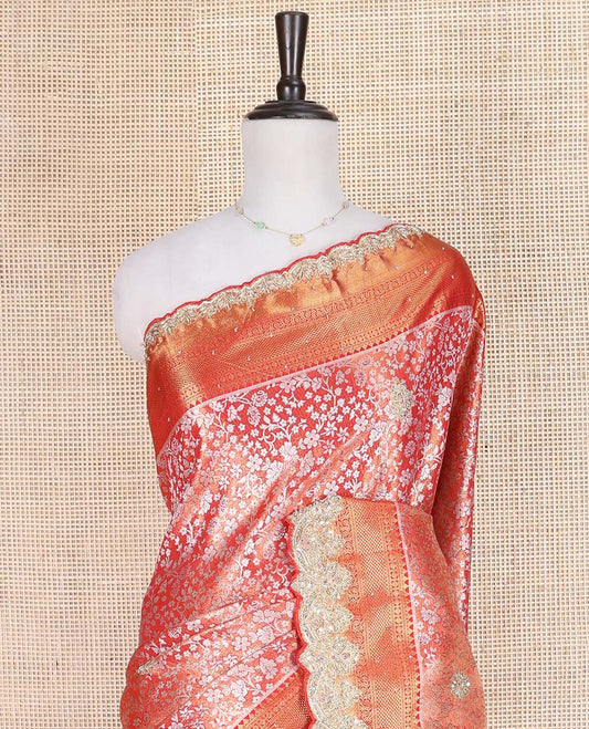 Red Vastrakala Silk Saree, Enthralled with Floral Jacquard and Patch Stone Work, Highlighted by Traditional Zari and Lace Embroidered Scallop Border, Grand Scallop Design Stone Work Pallu, and Paired with Heavy Embroidered Blouse