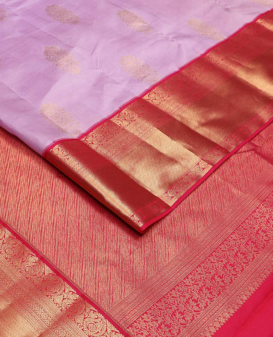 Lavender zari buttas Vasundhara silk mix saree, contrast border of arumbu manga, banaras, cross kamalam, and mayil kann designs, and zari design pallu