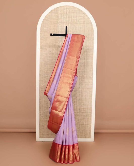 Lavender zari buttas Vasundhara silk mix saree, contrast border of arumbu manga, banaras, cross kamalam, and mayil kann designs, and zari design pallu