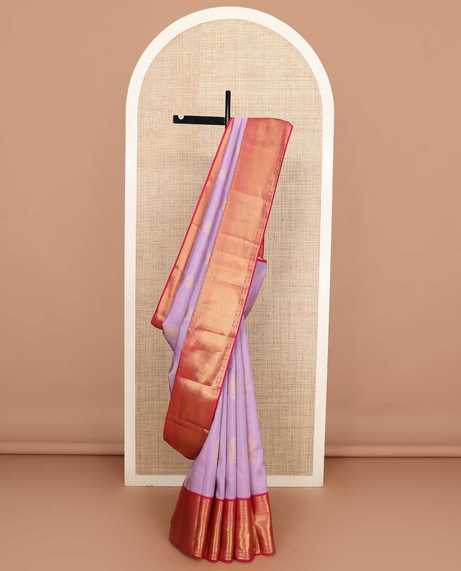 Lavender zari buttas Vasundhara silk mix saree, contrast border of arumbu manga, banaras, cross kamalam, and mayil kann designs, and zari design pallu