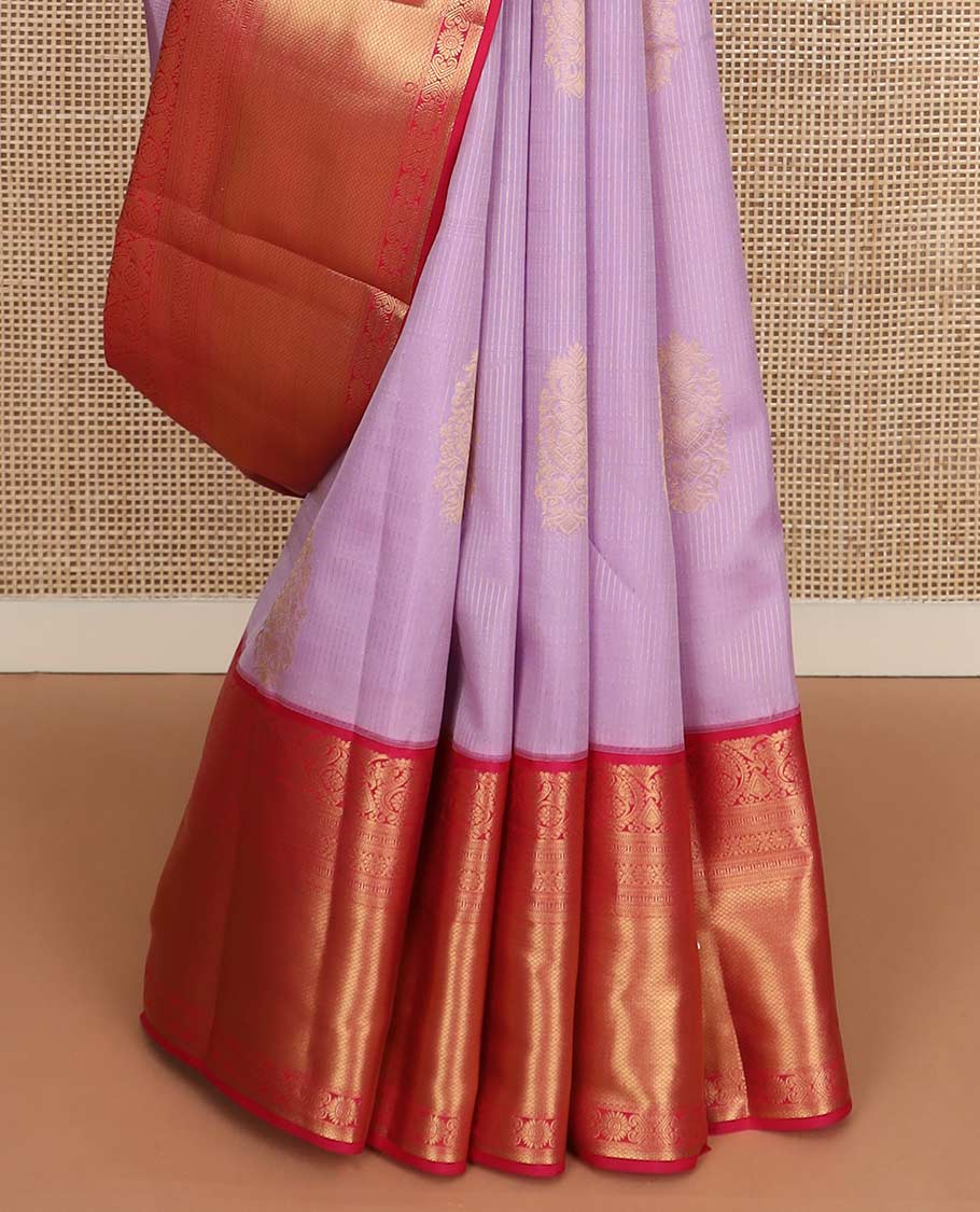 Lavender zari buttas Vasundhara silk mix saree, contrast border of arumbu manga, banaras, cross kamalam, and mayil kann designs, and zari design pallu