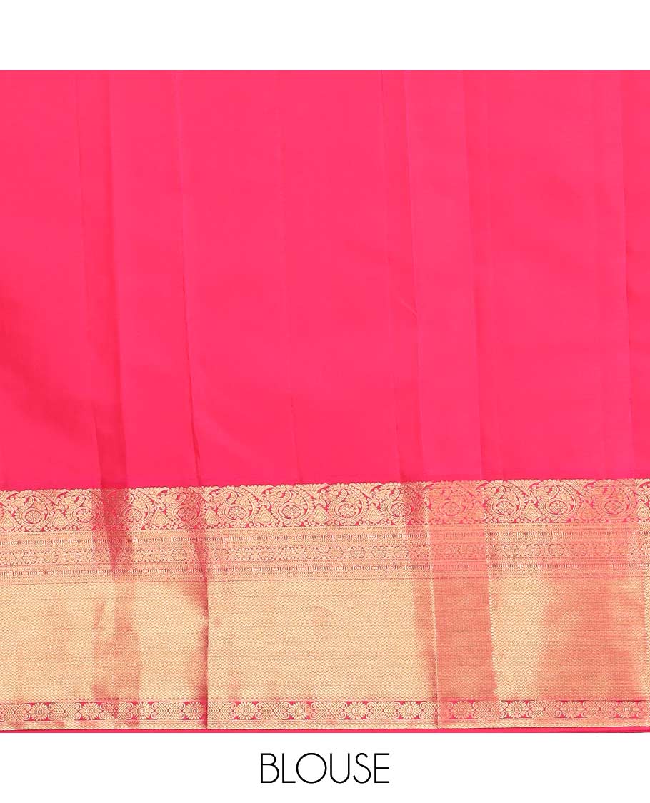 Lavender zari buttas Vasundhara silk mix saree, contrast border of arumbu manga, banaras, cross kamalam, and mayil kann designs, and zari design pallu