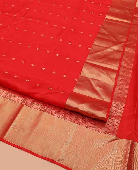 Red Vasundhara Lite Silk Mix Saree, Artfully Detailed with Floral Zari Buttas All Over Its Body, Highlighted by Thick Zari Border, Grandly Woven Pallu of Vanki Designs, and Paired with a Matching Blouse