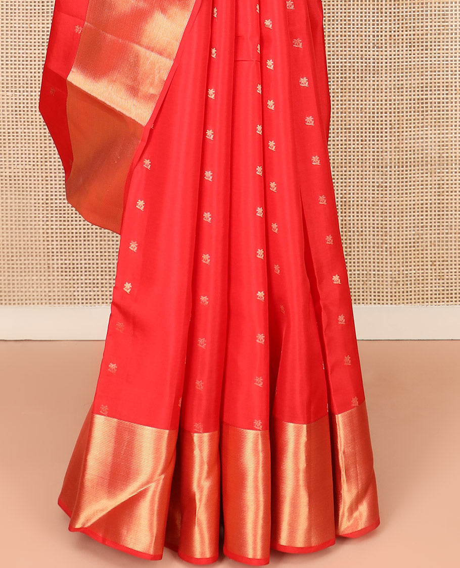 Red Vasundhara Lite Silk Mix Saree, Artfully Detailed with Floral Zari Buttas All Over Its Body, Highlighted by Thick Zari Border, Grandly Woven Pallu of Vanki Designs, and Paired with a Matching Blouse