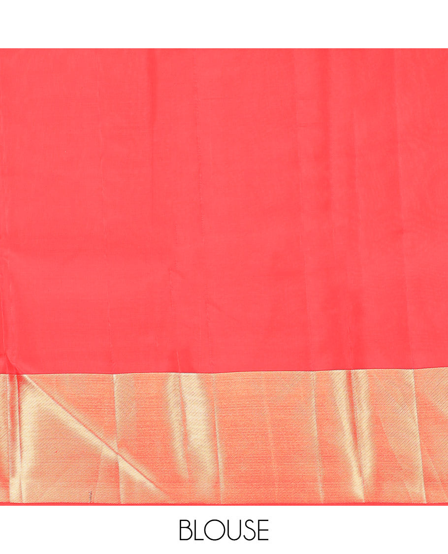 Red Vasundhara Lite Silk Mix Saree, Artfully Detailed with Floral Zari Buttas All Over Its Body, Highlighted by Thick Zari Border, Grandly Woven Pallu of Vanki Designs, and Paired with a Matching Blouse