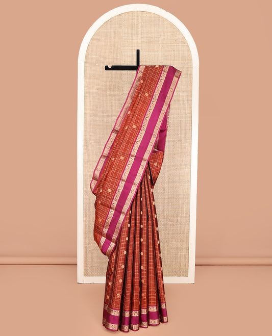 Orange Vasundhara Lite Silk Mix Saree, Enriched with Mayil-Chakram Butta Enclosed Checks, Complemented by Contrast Rettai Pettu Border of Mayil, Thazampoo Rekku, and Laddu Kamalam Designs, Geometric Patterned Pallu, and Paired with a Contrast Blouse