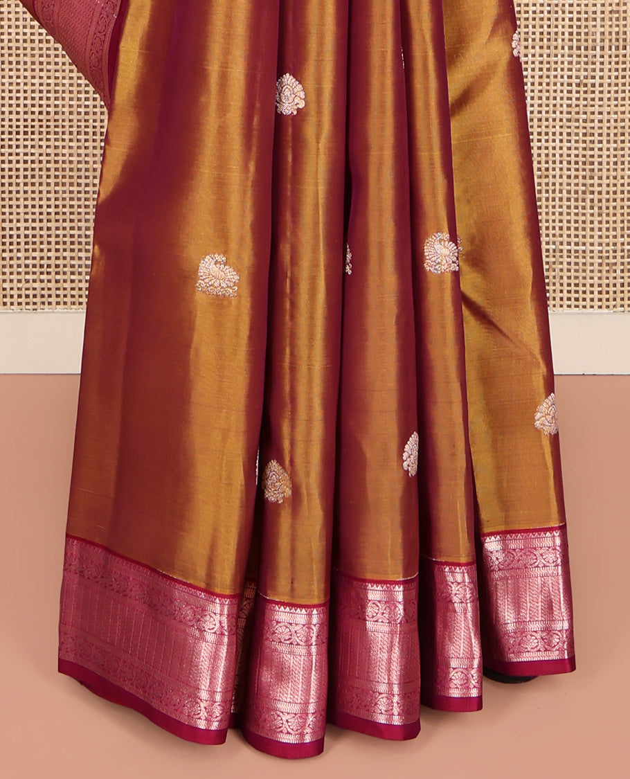 Orange Vasundhara Lite Silk Mix Saree, Elevated with Zari Buttas All Over Its Body, Complemented by a Contrast Border of Rekku, Banaras, Muthu, Kodi Visiry, and Puli Nagam Designs, Grand Jaal Pallu, and Paired with a Contrast Blouse