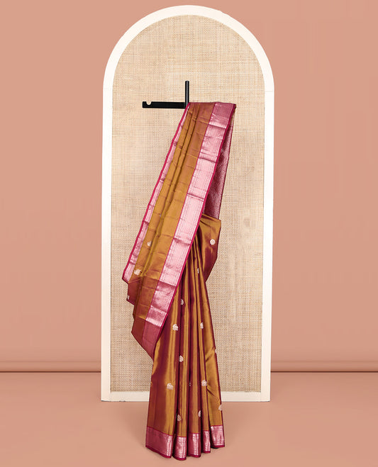 Orange Vasundhara Lite Silk Mix Saree, Elevated with Zari Buttas All Over Its Body, Complemented by a Contrast Border of Rekku, Banaras, Muthu, Kodi Visiry, and Puli Nagam Designs, Grand Jaal Pallu, and Paired with a Contrast Blouse