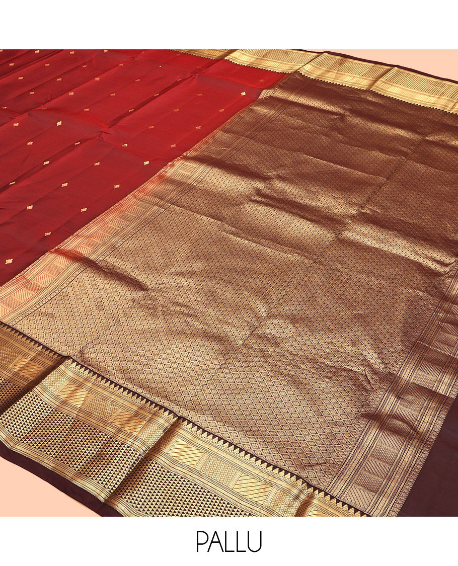 Red Vasundhara Lite Silk Mix Saree, Bedecked with Zari Buttas, a Contrast Border of Thilakam Mokku, Mayil Kann, and Ara Maadam, Grand Pallu, and a Contrast Blouse