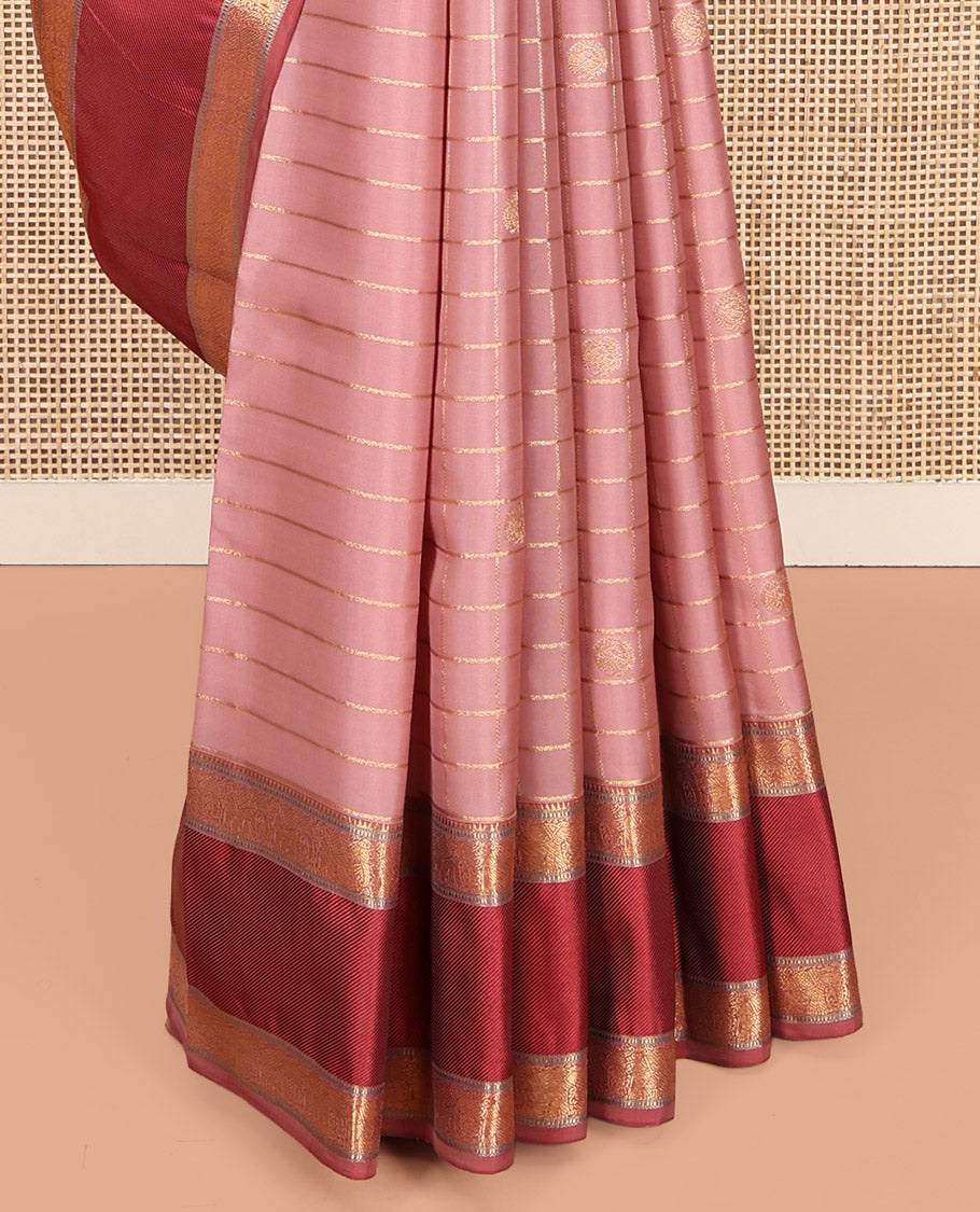 Pink Vasundhara Lite-Silk Mix Saree Featuring Zari Butta Enclosed Checks, a Contrast Border of Rekku, Yaanai, and Muthu Designs, Grand Jaal Pallu, and a Contrast Blouse