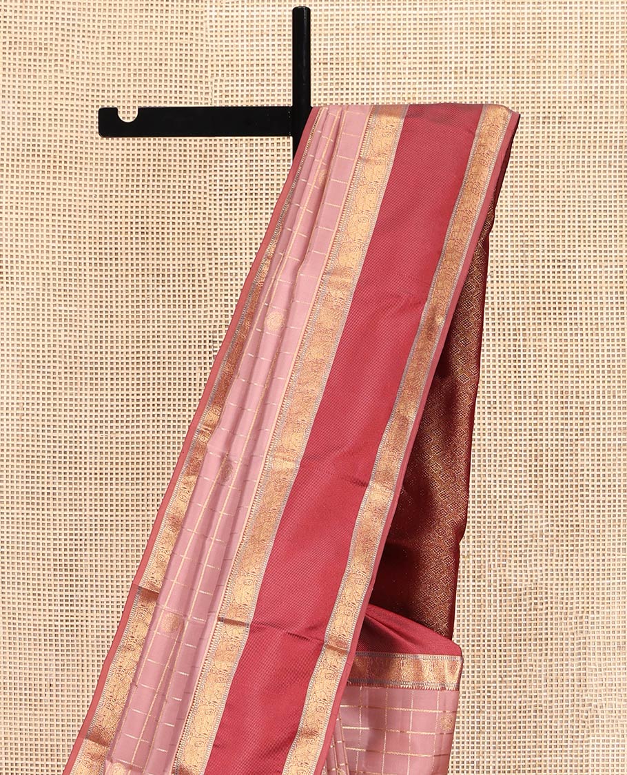 Pink Vasundhara Lite-Silk Mix Saree Featuring Zari Butta Enclosed Checks, a Contrast Border of Rekku, Yaanai, and Muthu Designs, Grand Jaal Pallu, and a Contrast Blouse