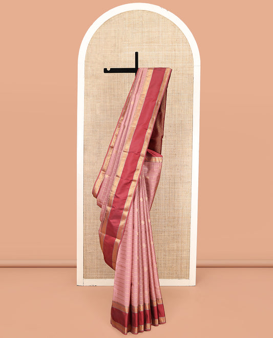 Pink Vasundhara Lite-Silk Mix Saree Featuring Zari Butta Enclosed Checks, a Contrast Border of Rekku, Yaanai, and Muthu Designs, Grand Jaal Pallu, and a Contrast Blouse
