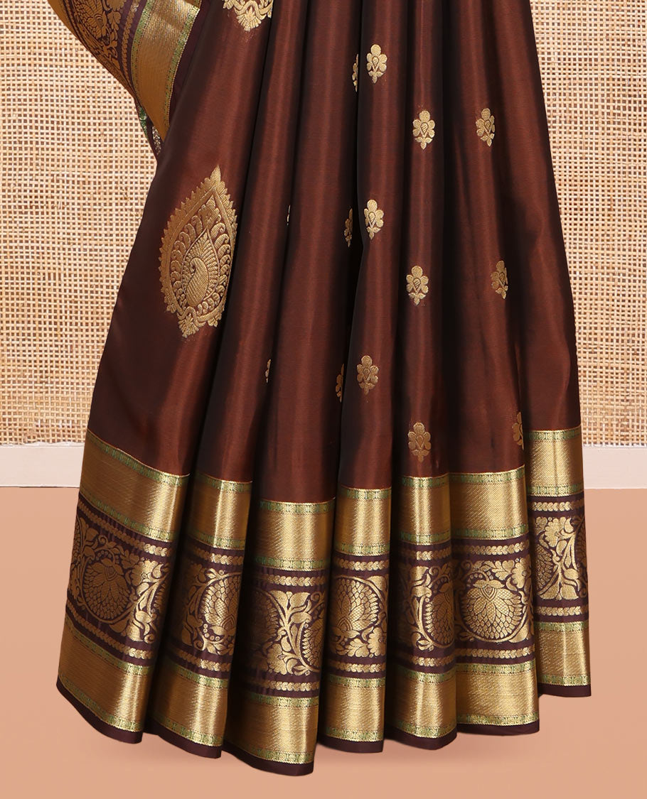 Brown Vasundhara Lite Silk Mix Saree, Crafted with Zari Buttas, a Zari Border of Kodi Visiry Designs, Vanki Pallu, and a Matching Blouse